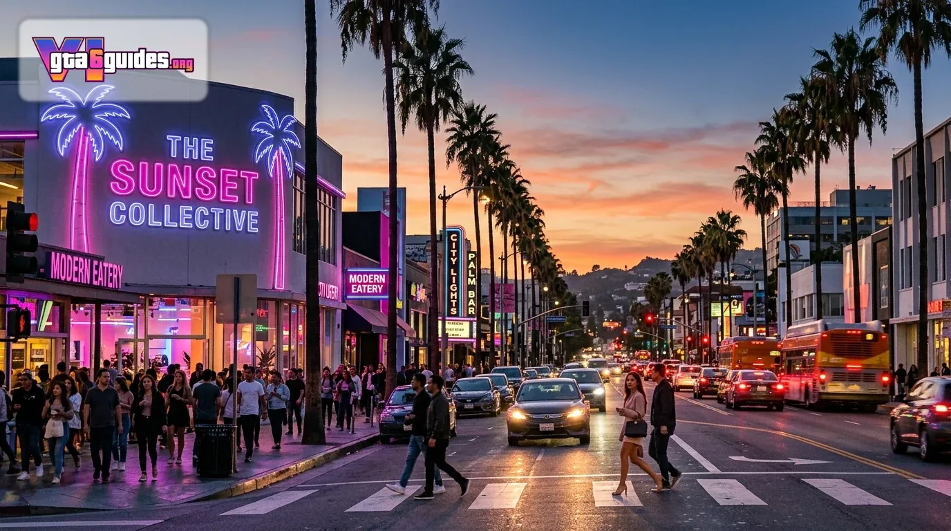 A busy city street at sunset with palm trees and neon signs