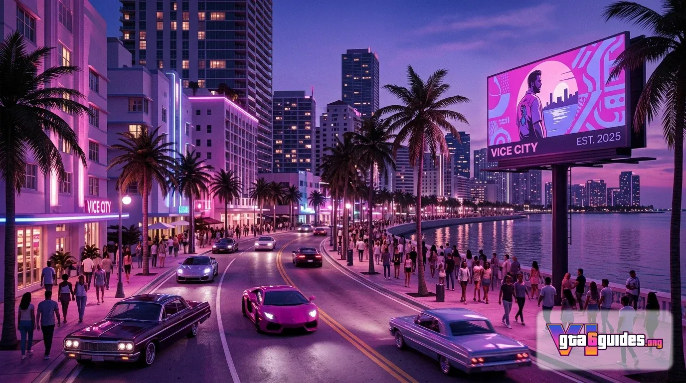 GTA 6 promotional artwork showing the games neon-lit cityscape