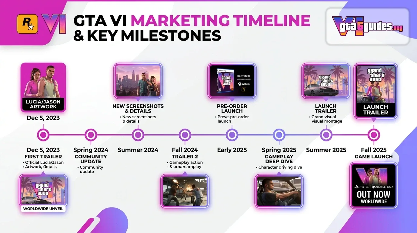 GTA 6 marketing timeline graphic showing key dates