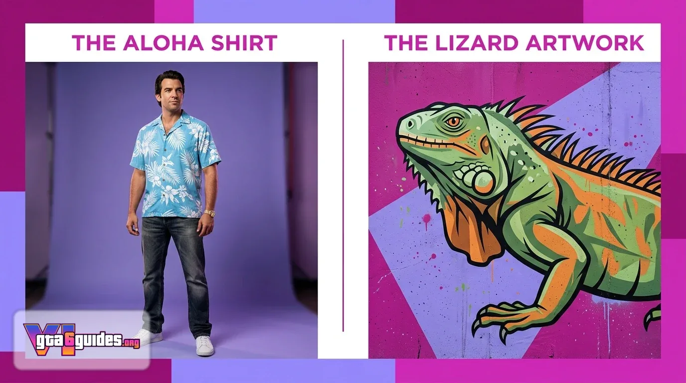 Side-by-side comparison of Tommy Vercettis outfit in GTA Vice City and the lizard painting in GTA 6 Trailer 2