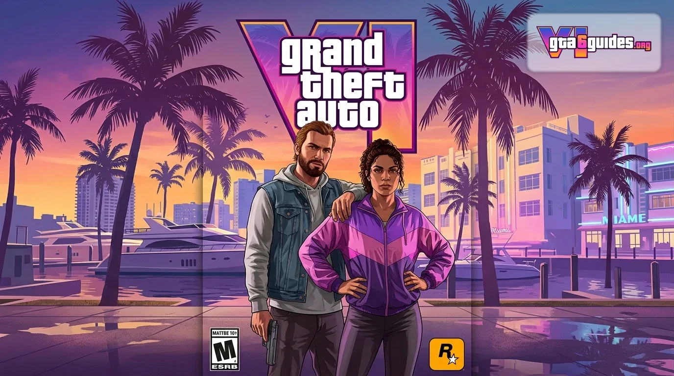 GTA 6 official cover art showing Jason and Lucia against a colorful Florida-inspired backdrop