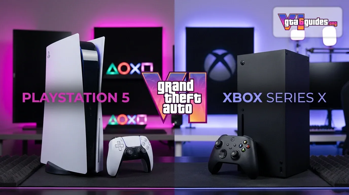 A split screen showing a PlayStation 5 and an Xbox Series X with a GTA 6 logo in the center