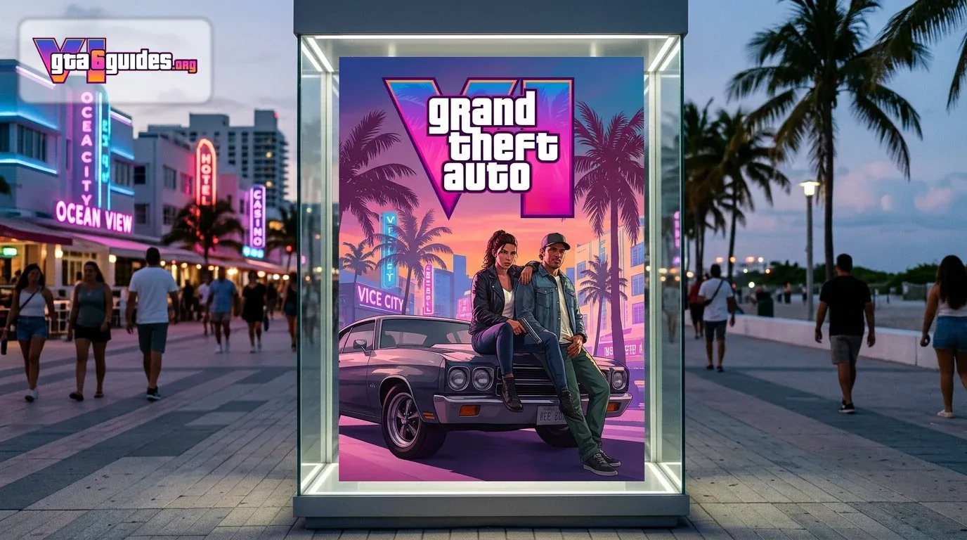 GTA 6 official cover art featuring Lucia, Jason, palm trees, and neon lights