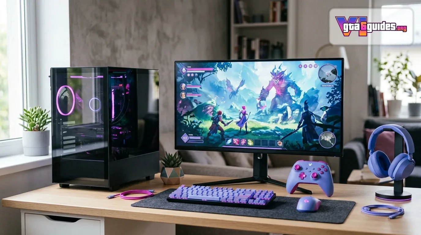 A modern gaming PC setup with controller on desk next to monitor