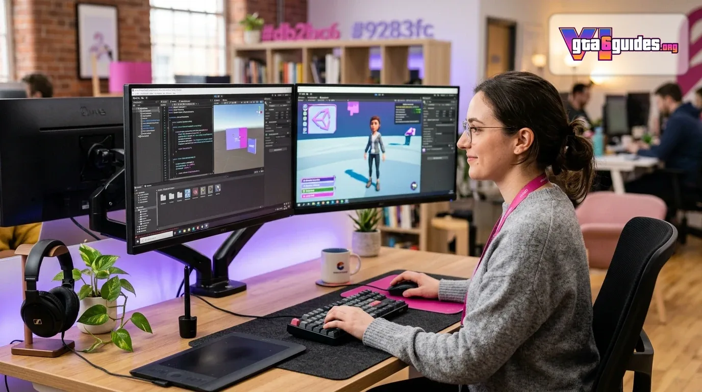 Video game developer working at desk with dual monitors