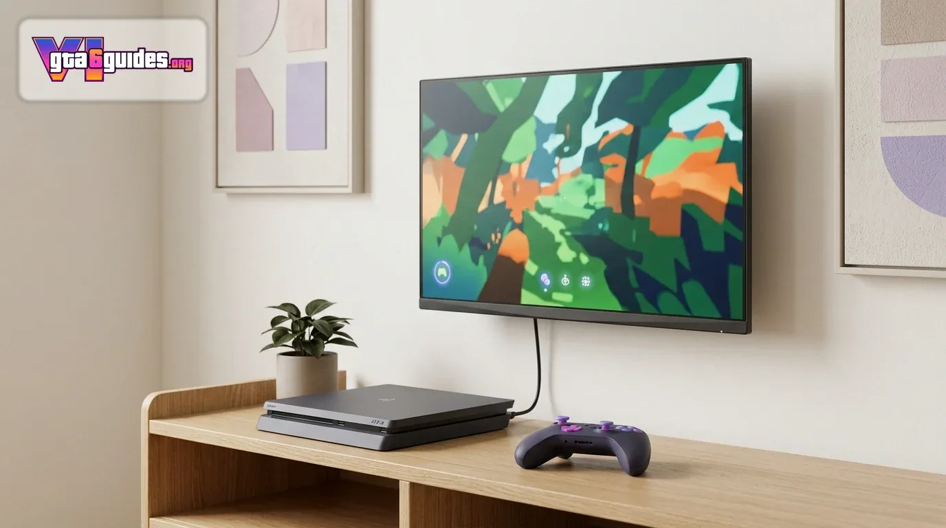 Video game console connected to a monitor with a controller in front