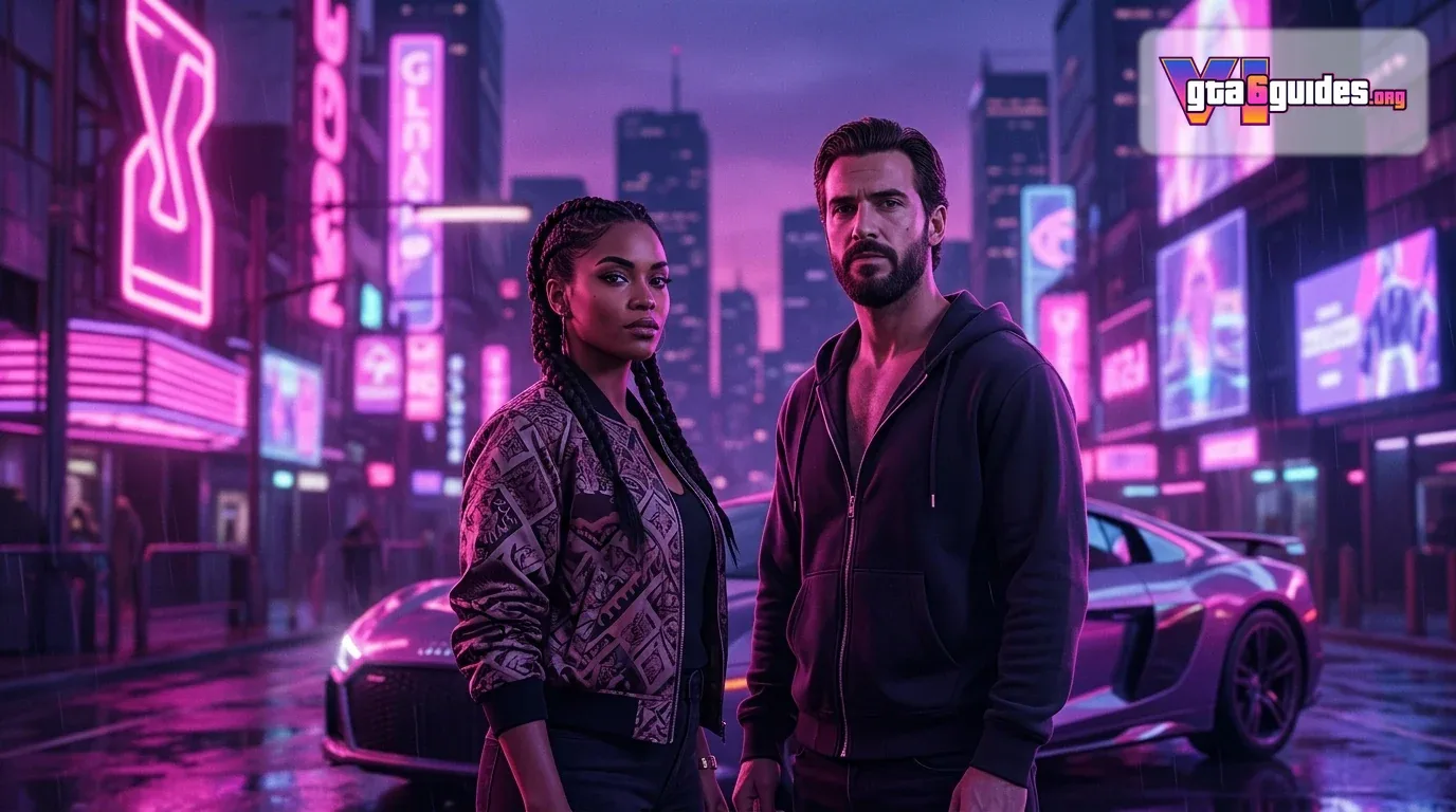 GTA 6 key art with the iconic pink and purple neon aesthetic