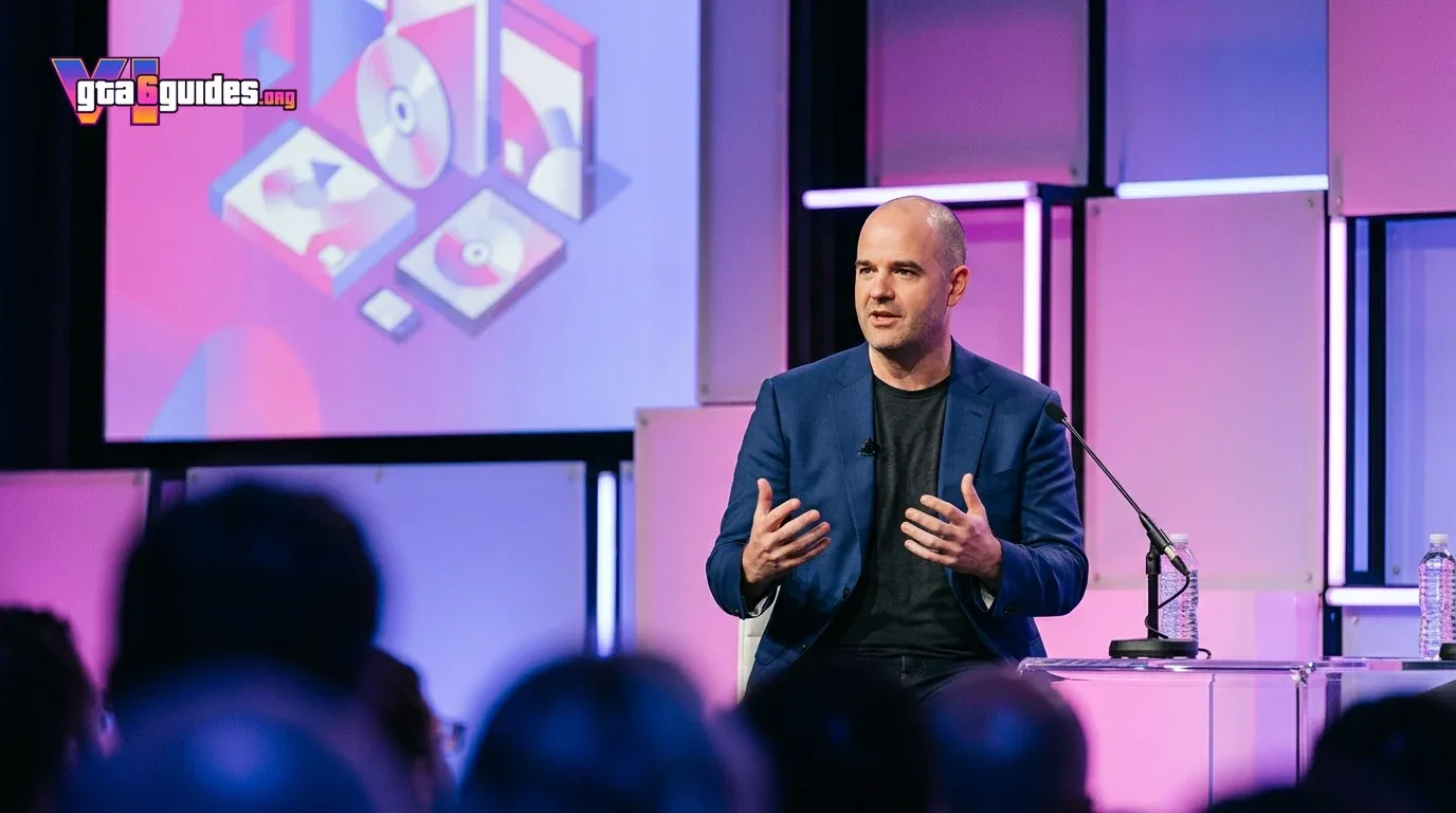 Rockstar co-founder Dan Houser speaking at a convention panel