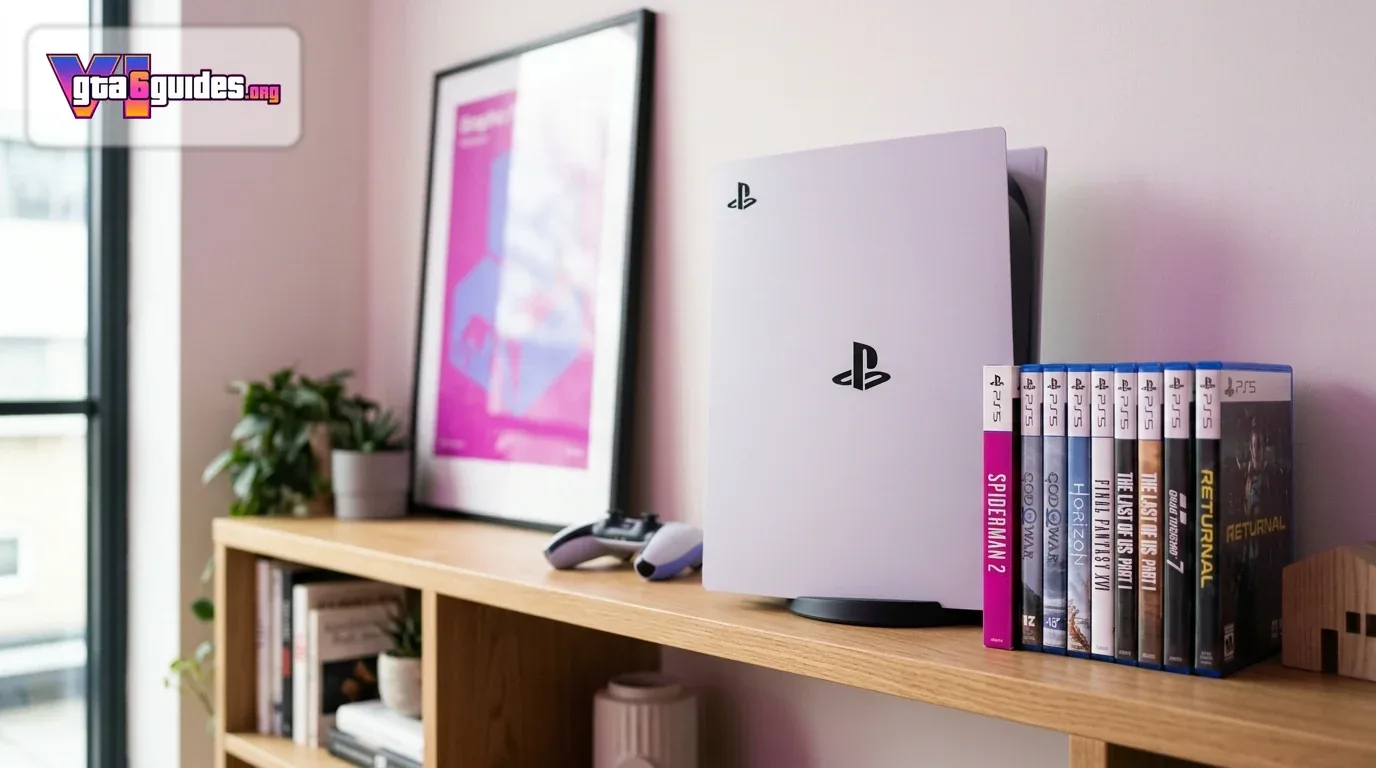 A PlayStation 5 console on a shelf with game cases