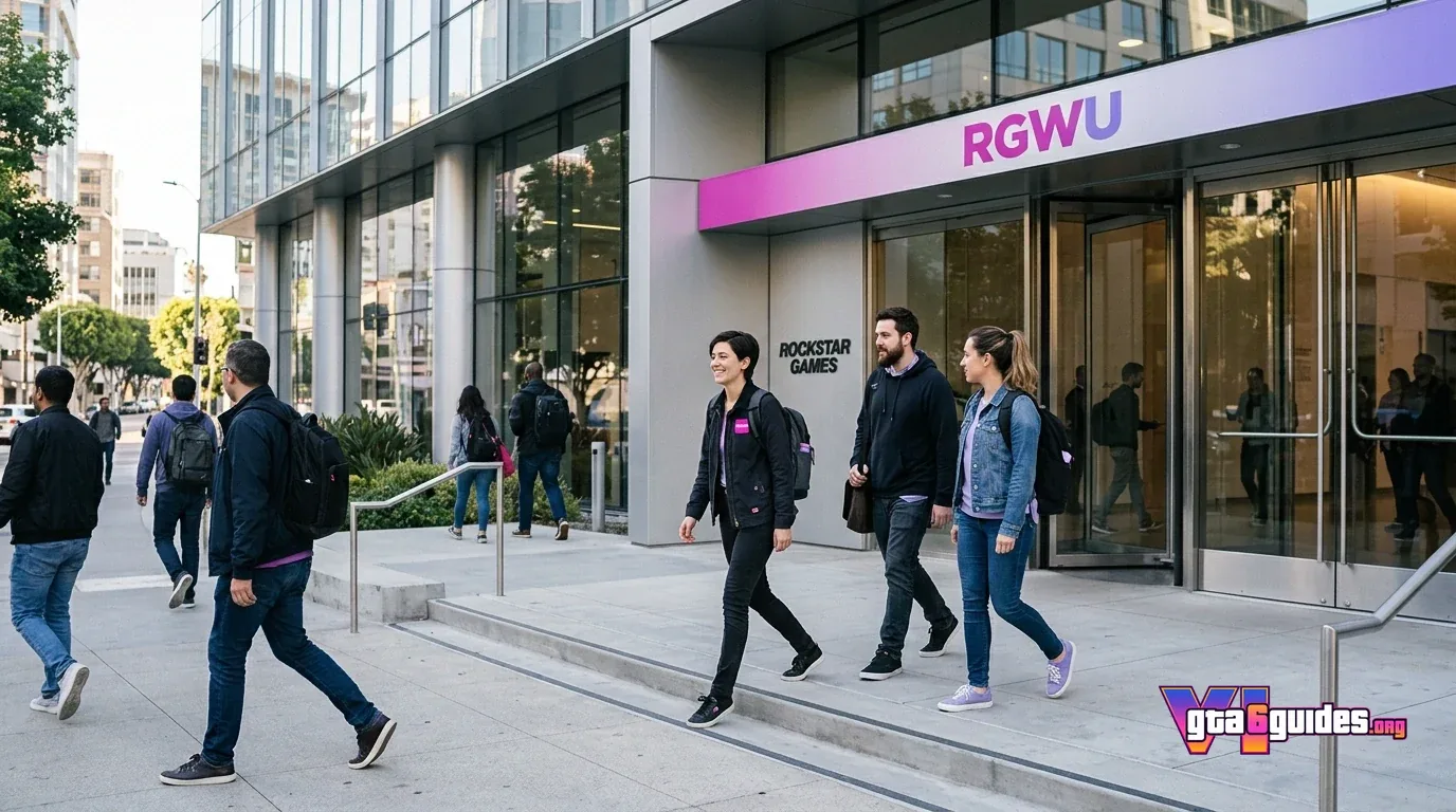 Workers walking into an office building