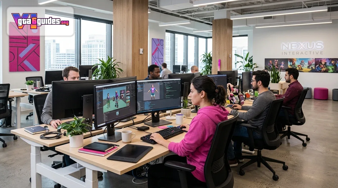 Video game company office with developers at workstations